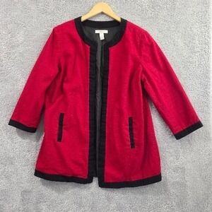 Chico's Size 2 (12) Red Textured Open Front Blazer Jacket Black Trim 3/4 Sleeves